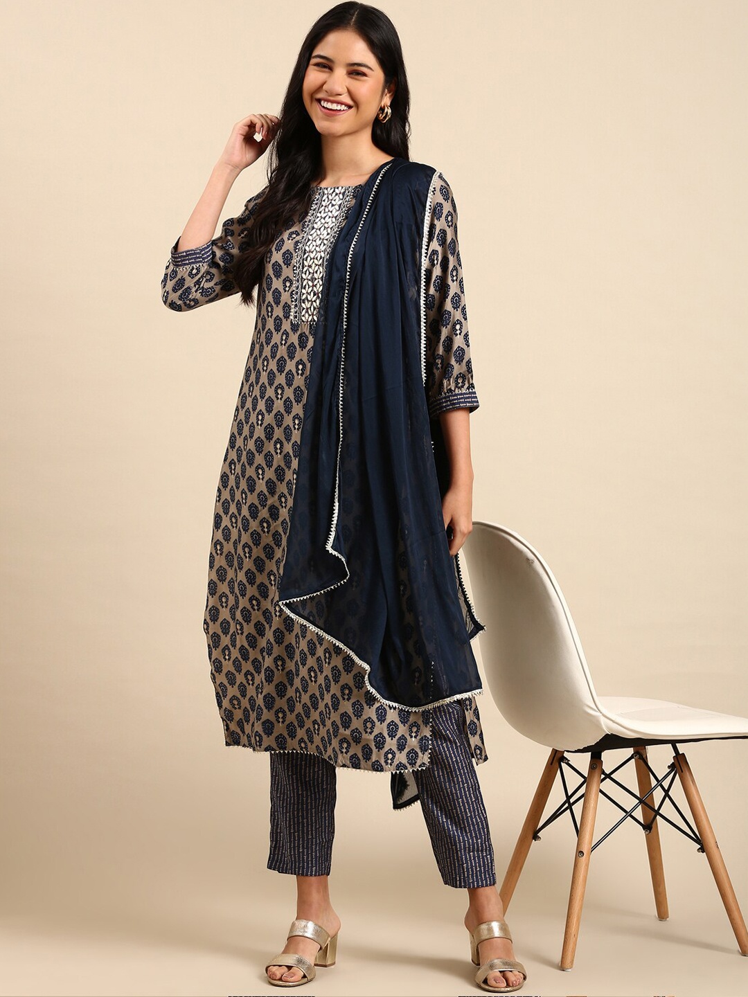 

SHOWOFF Ethnic Motifs Printed Gotta Patti Chanderi Silk Kurta with Trousers & Dupatta, Beige