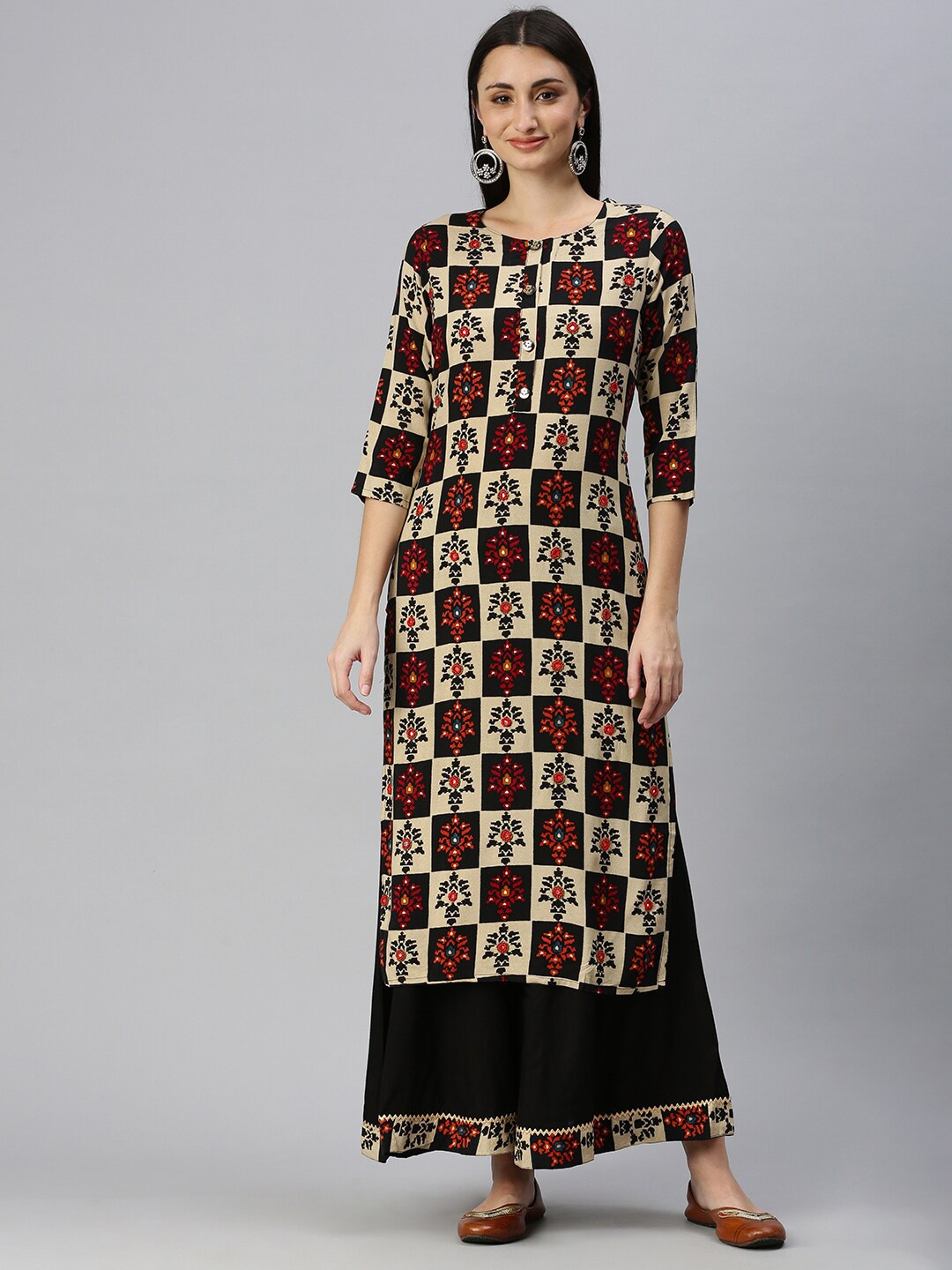 

SHOWOFF Abstract Printed Mirror Work Kurta with Palazzos, Beige