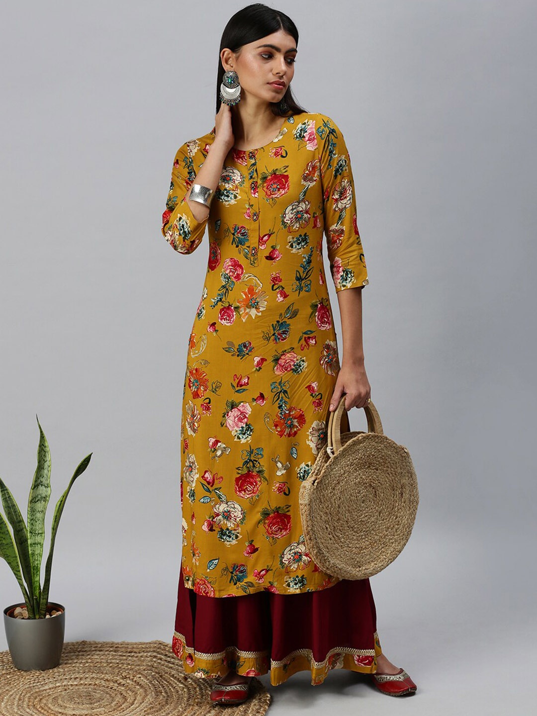 

SHOWOFF Floral Printed Thread Work Kurta with Sharara, Mustard