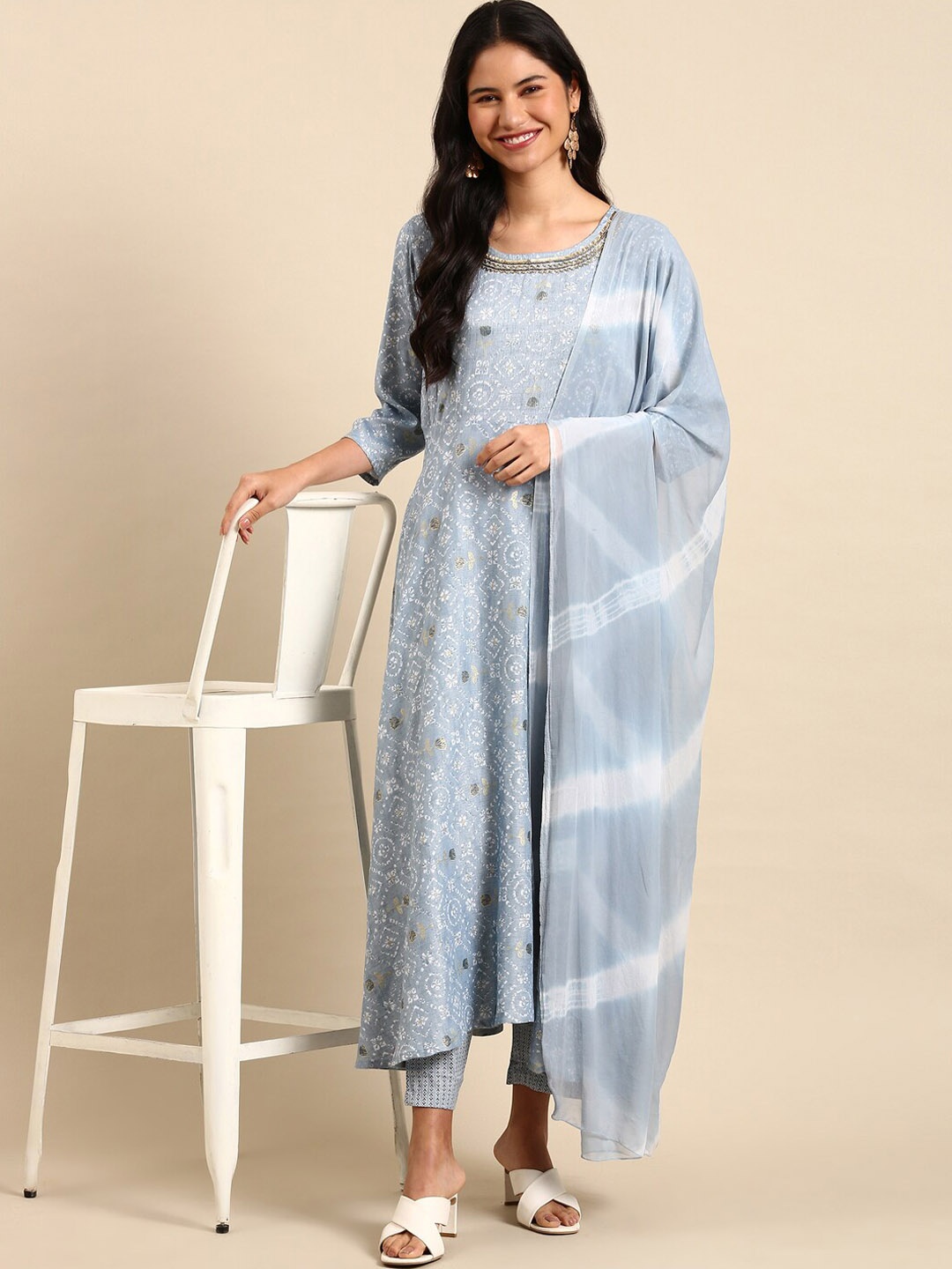 

SHOWOFF Ethnic Motifs Printed Beads A-Line Kurta with Trousers & Dupatta, Blue