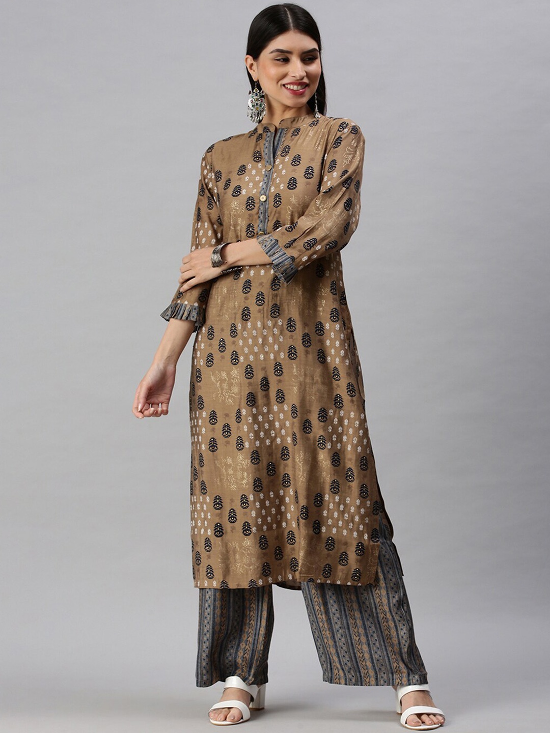 

SHOWOFF Ethnic Motifs Printed Beads Work Foil Kurta with Palazzos, Brown