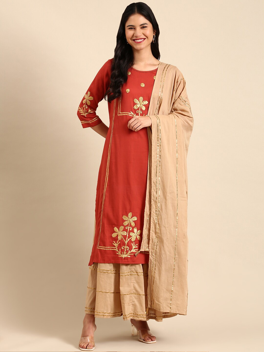 

SHOWOFF Floral Gotta Patti Beads & Stones Chanderi Cotton Kurta with Skirt & Dupatta, Red