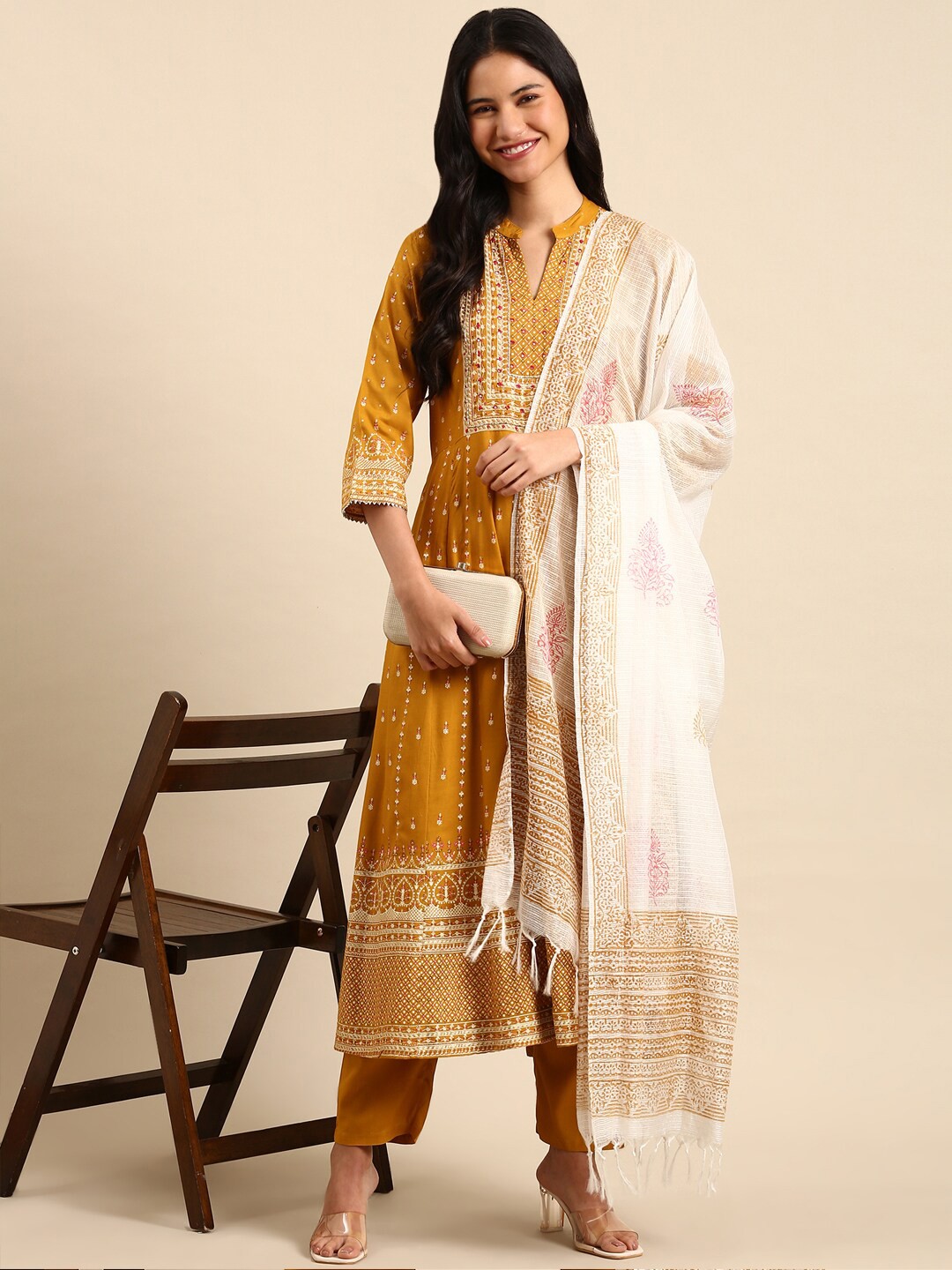 

SHOWOFF Ethnic Motifs Printed Mirror Work A-Line Kurta with Trousers & Dupatta, Mustard