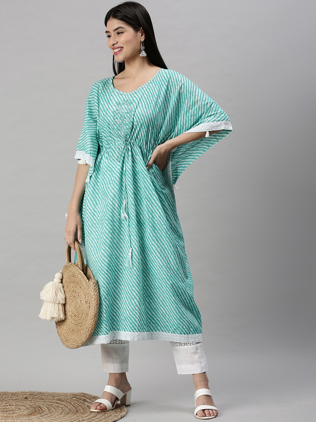 

SHOWOFF Leheriya Printed Thread Work Kaftan Kurta With Trousers, Turquoise blue