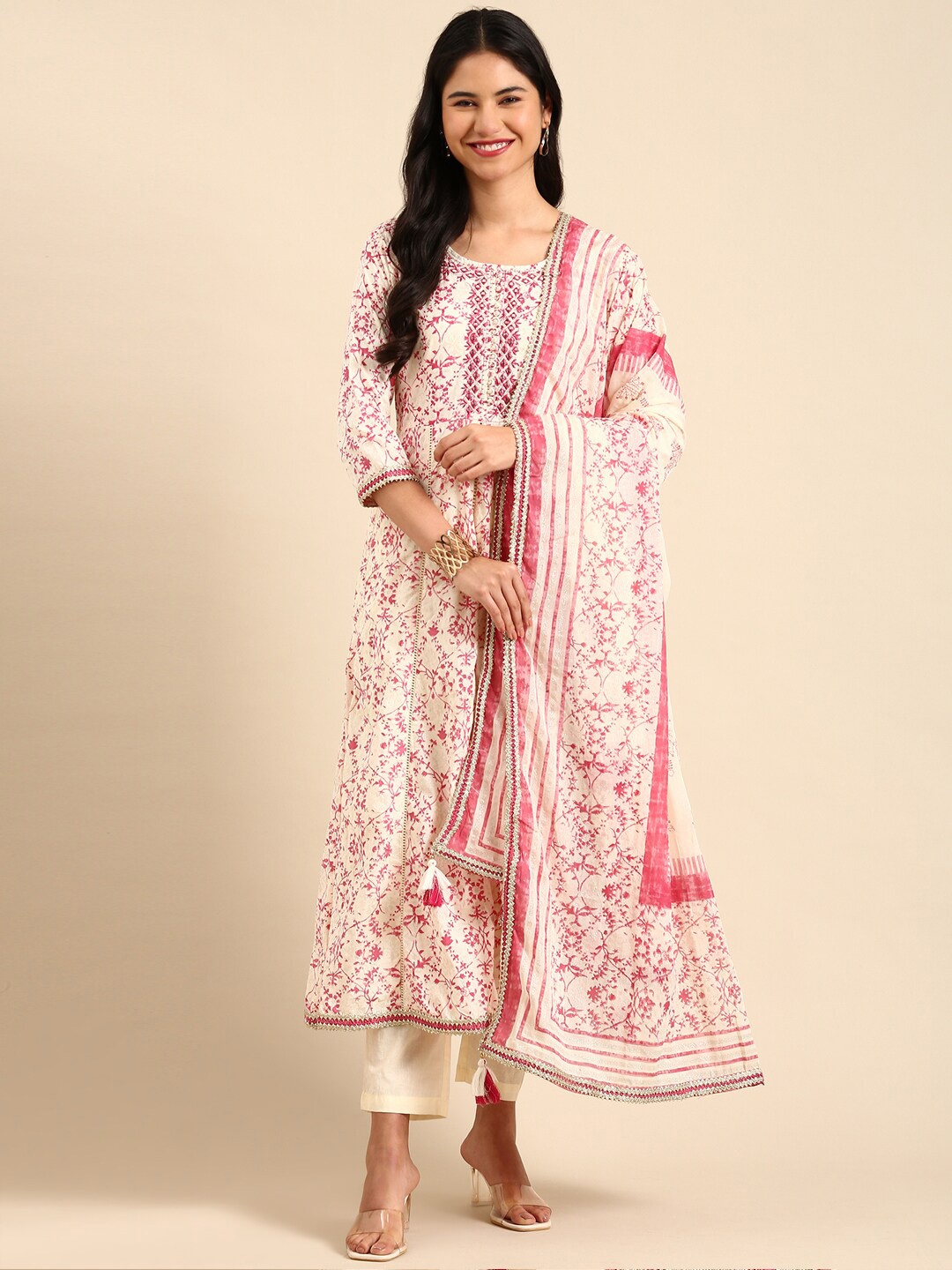 

SHOWOFF Floral Printed Panelled Mirror Work Block Print Kurta with Trousers & Dupatta, Cream