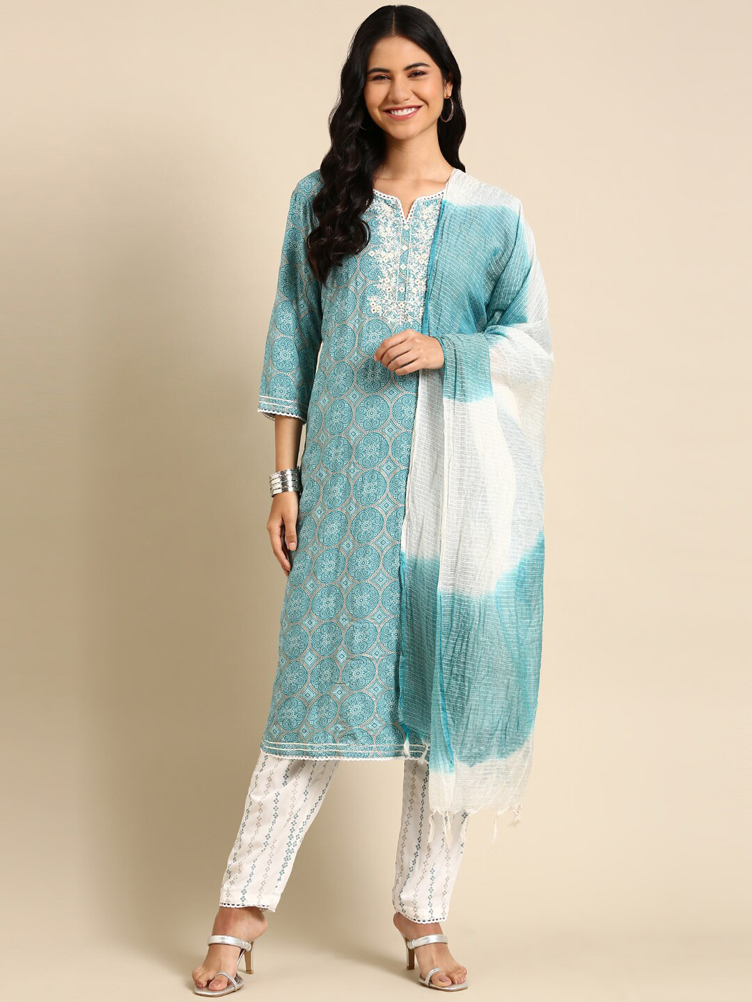 

SHOWOFF Ethnic Motifs Printed Thread Work Kurta with Trousers & Dupatta, Blue