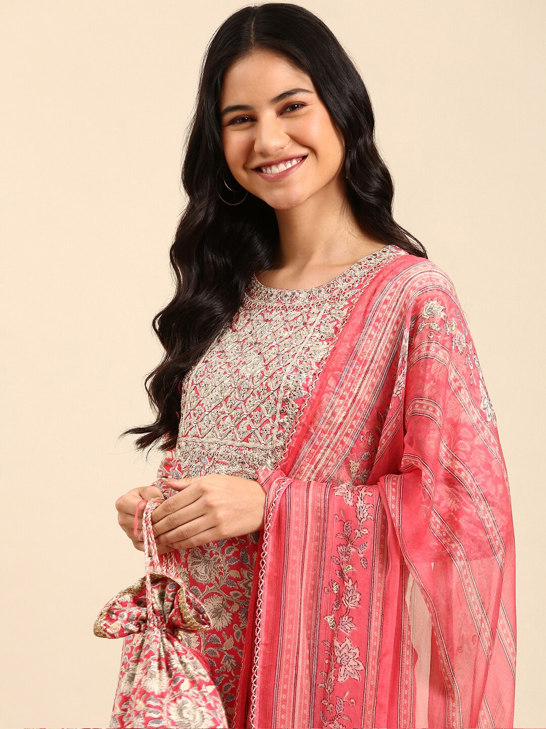 

SHOWOFF Ethnic Motifs Printed Chanderi Cotton Zari Kurta with Trousers & Dupatta, Pink