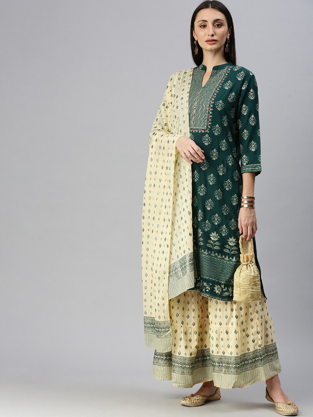 

SHOWOFF Ethnic Motifs Printed Thread Work Seqquined Kurta with Sharara & Dupatta, Green