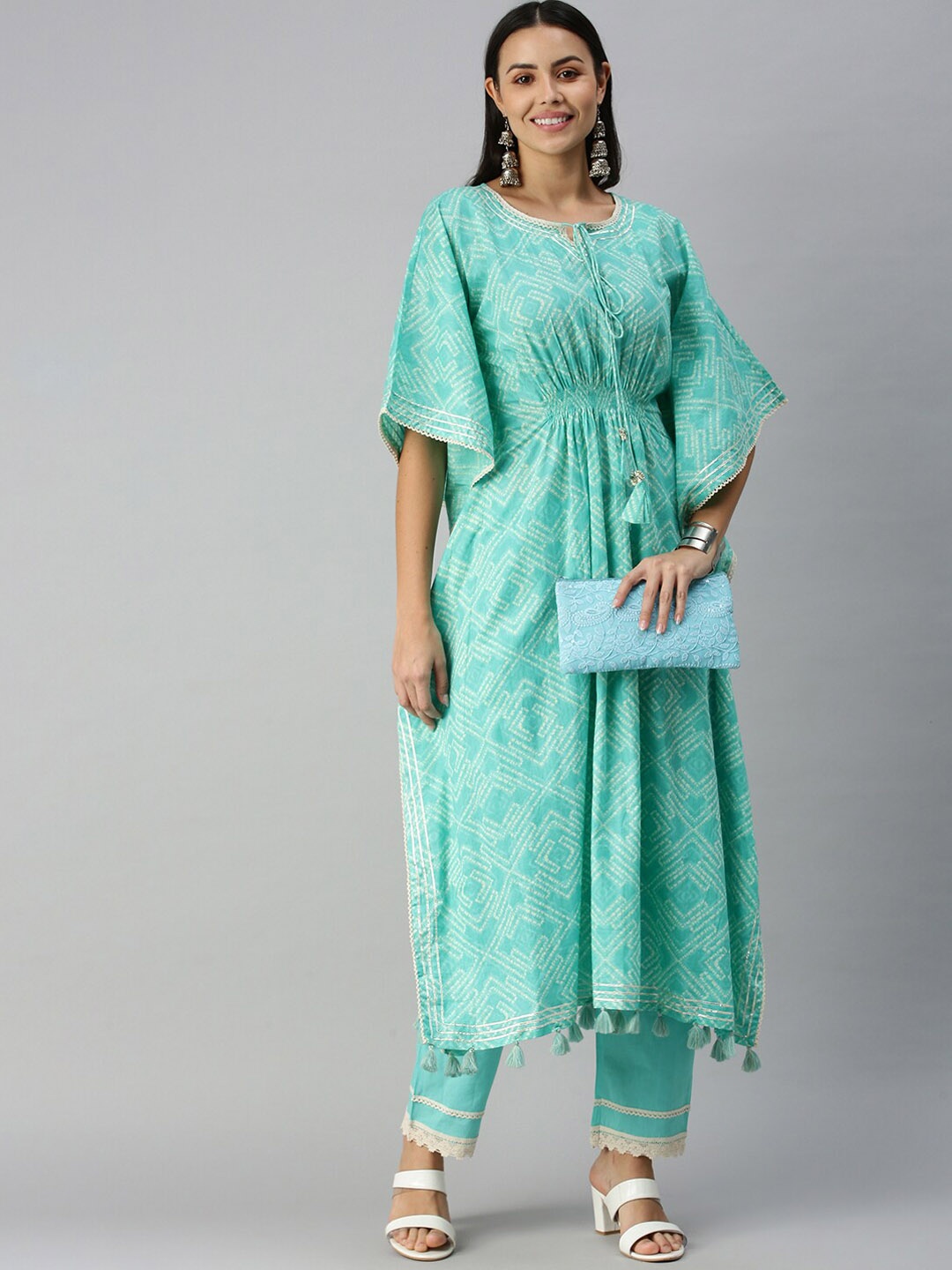 

SHOWOFF Bandhani Printed Kaftan Gotta Patti Tie-Up Neck Kurta with Trousers, Sea green