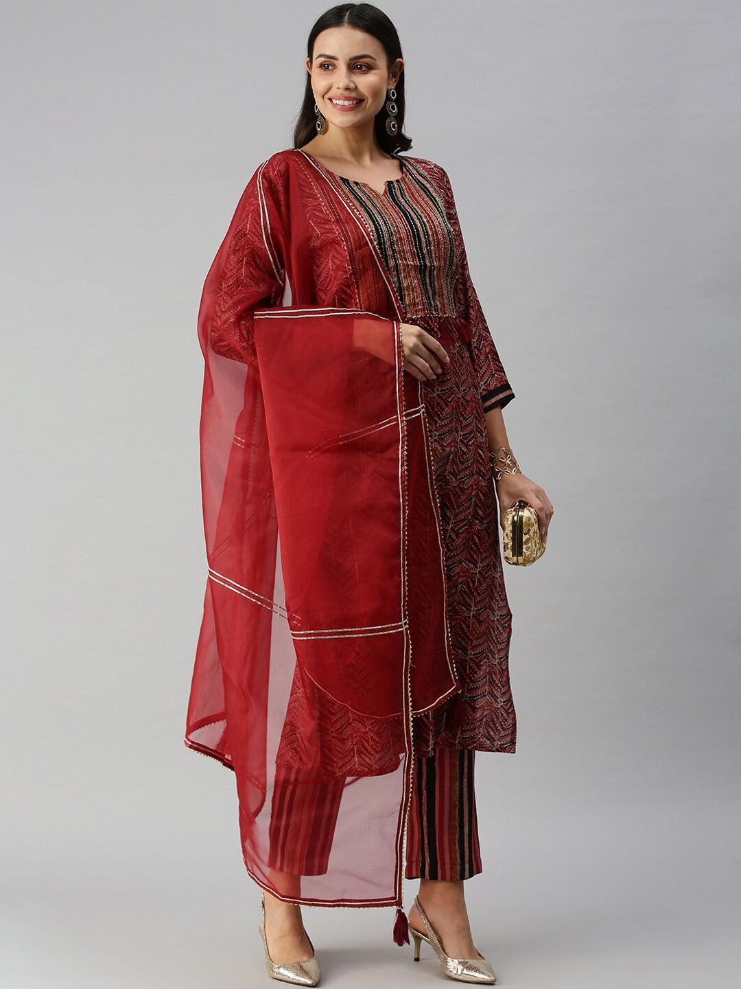 

SHOWOFF Ethnic Motifs Yoke Design Gotta Patti Kurta with Trousers & Dupatta, Maroon