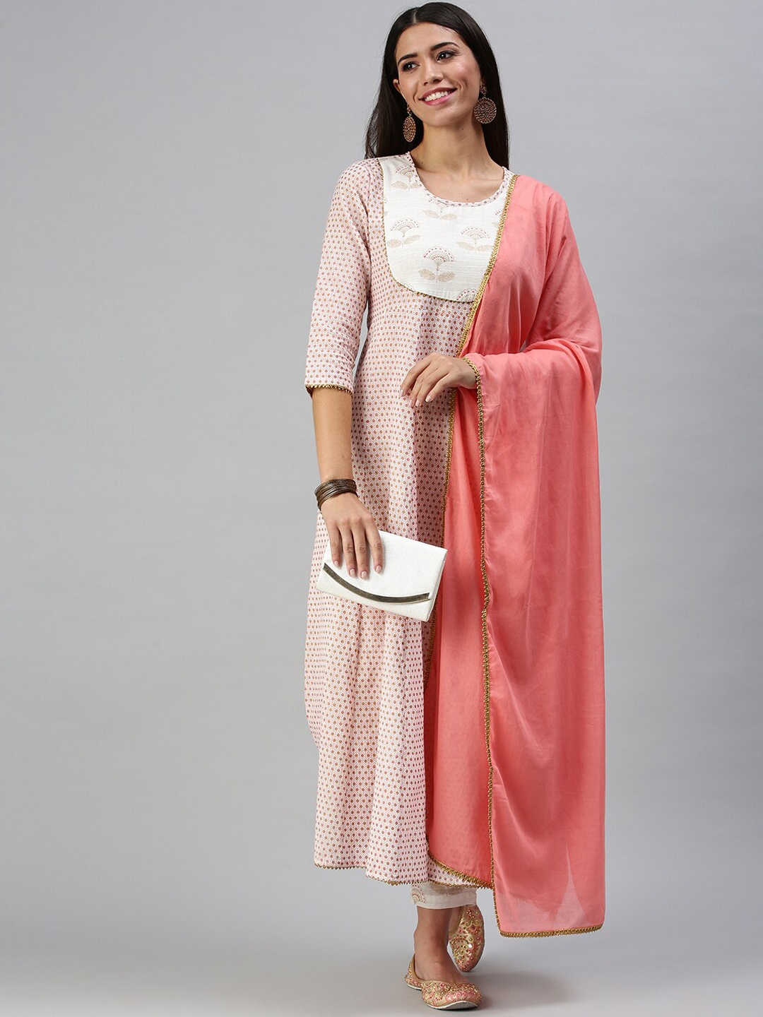 

SHOWOFF Ethnic Motifs Printed Panelled Kurta with Trousers & Dupatta, White