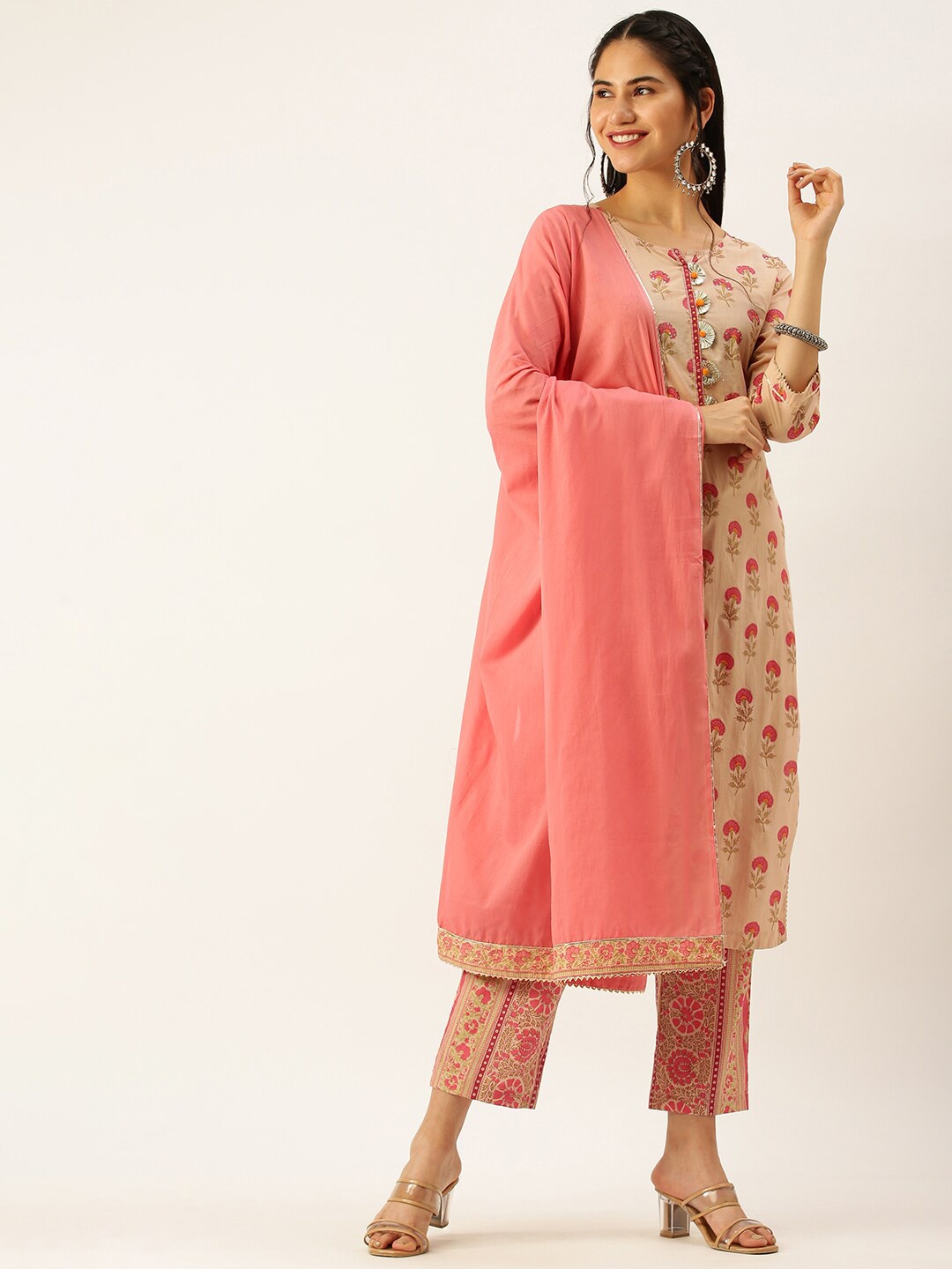 

SHOWOFF Ethnic Motifs Printed Sequinned Kurta with Trousers & Dupatta, Peach