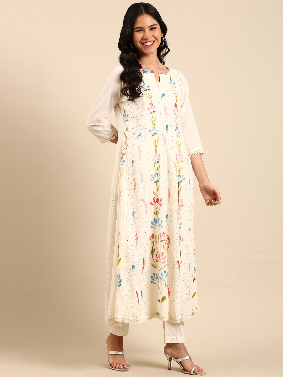 

SHOWOFF Floral Printed Panelled Thread Work A-Line Kurta with Trousers & Dupatta, Cream
