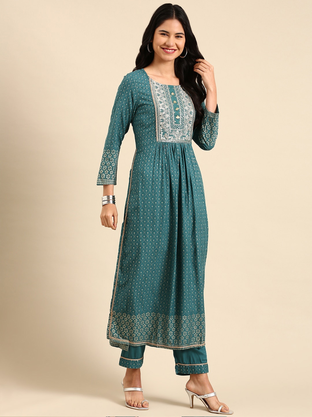 

SHOWOFF Printed Empire Sequinned Foil Anarkali Kurta with Trousers & Dupatta, Teal