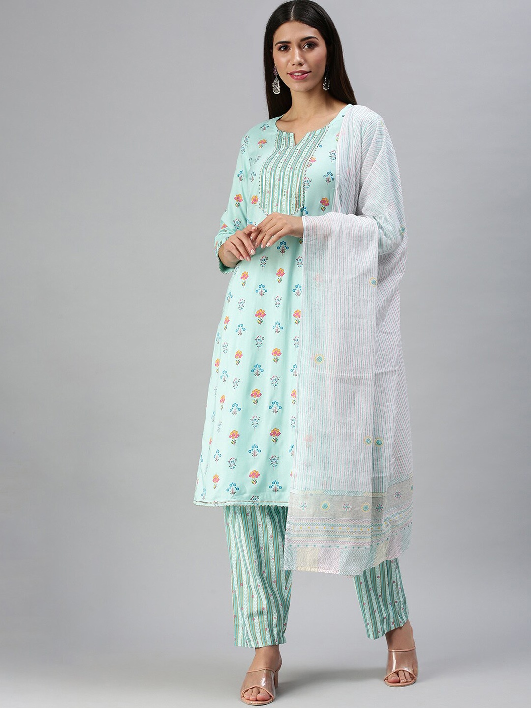 

SHOWOFF Floral Printed Gotta Patti Sequinned Kurta with Trousers & Dupatta, Blue