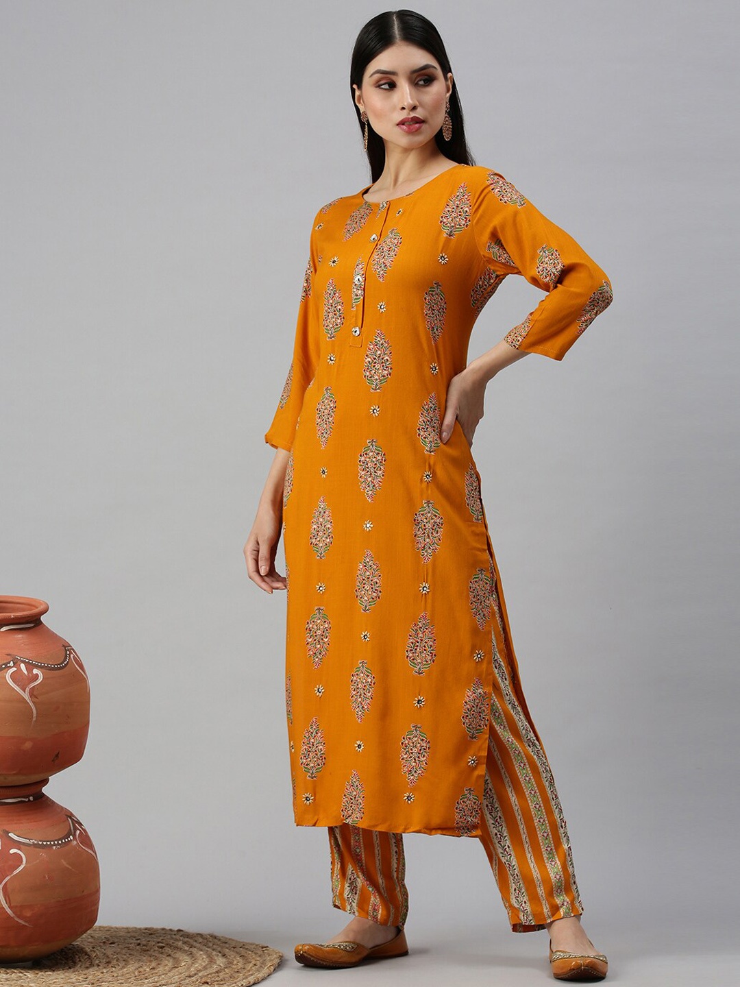 

SHOWOFF Floral Printed Mirror Work Foil Kurta with Trousers, Mustard