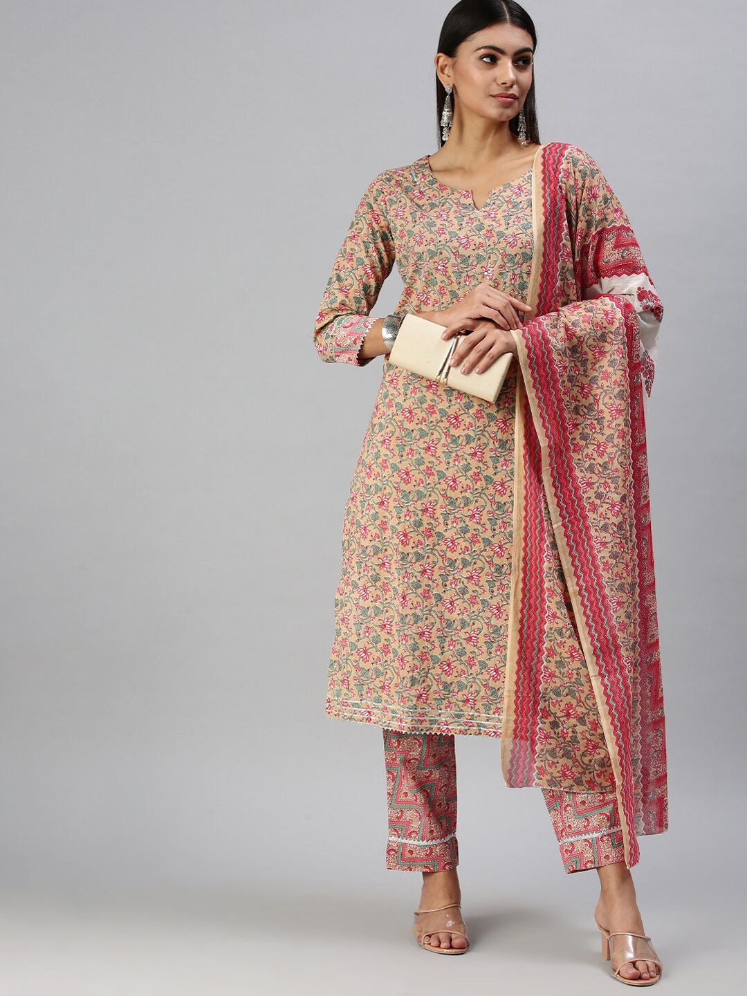 

SHOWOFF Floral Printed Sequinned Notched Neck Kurta with Trousers & Dupatta, Brown