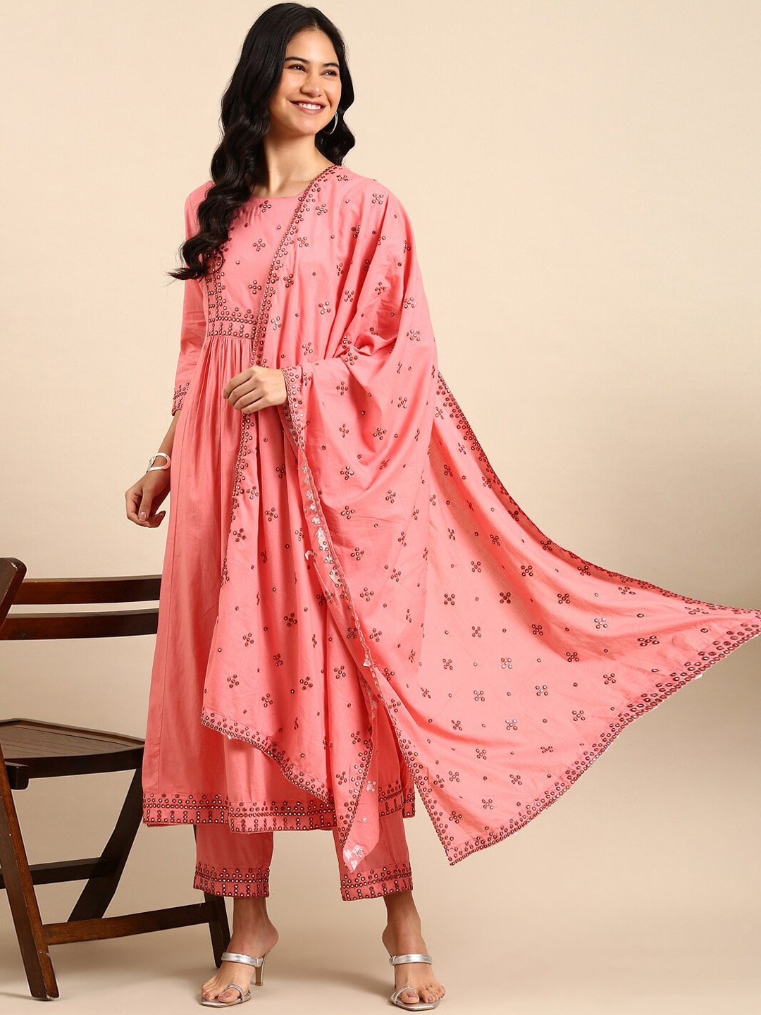 

SHOWOFF Pleated Mirror Work Anarkali Kurta with Trousers & Dupatta, Pink