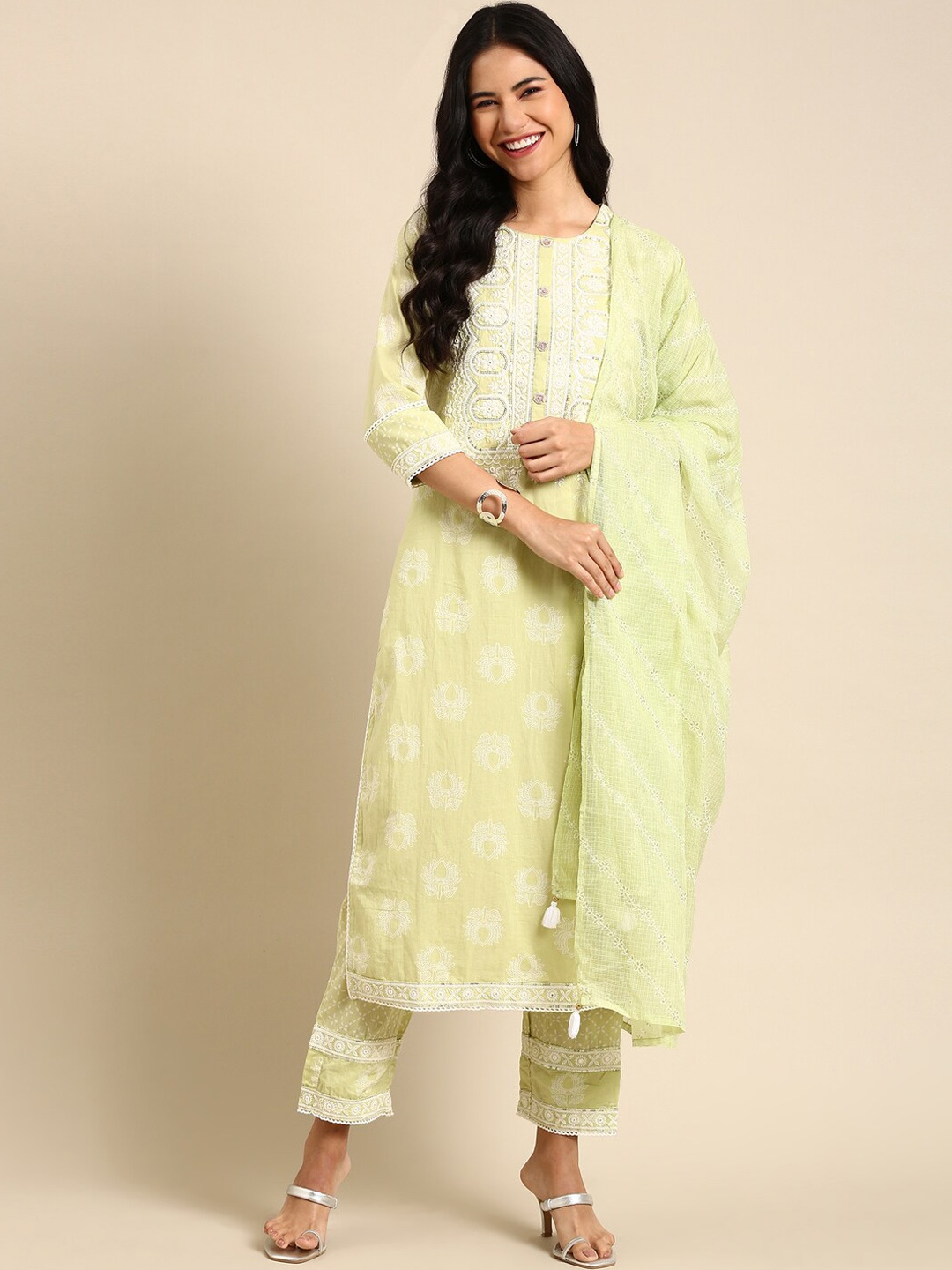 

SHOWOFF Ethnic Motifs Embroidered Sequined Kurta with Trousers & Dupatta, Green