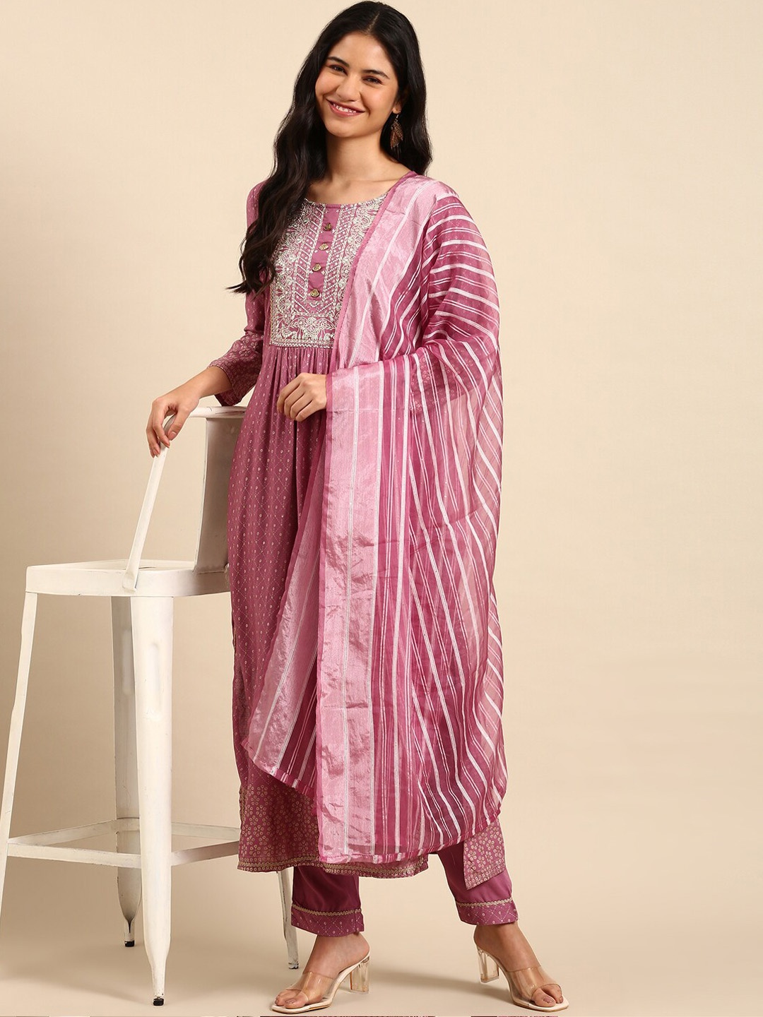 

SHOWOFF Embroidered Foil Thread Work A-Line Kurta With Trousers & Dupatta, Purple