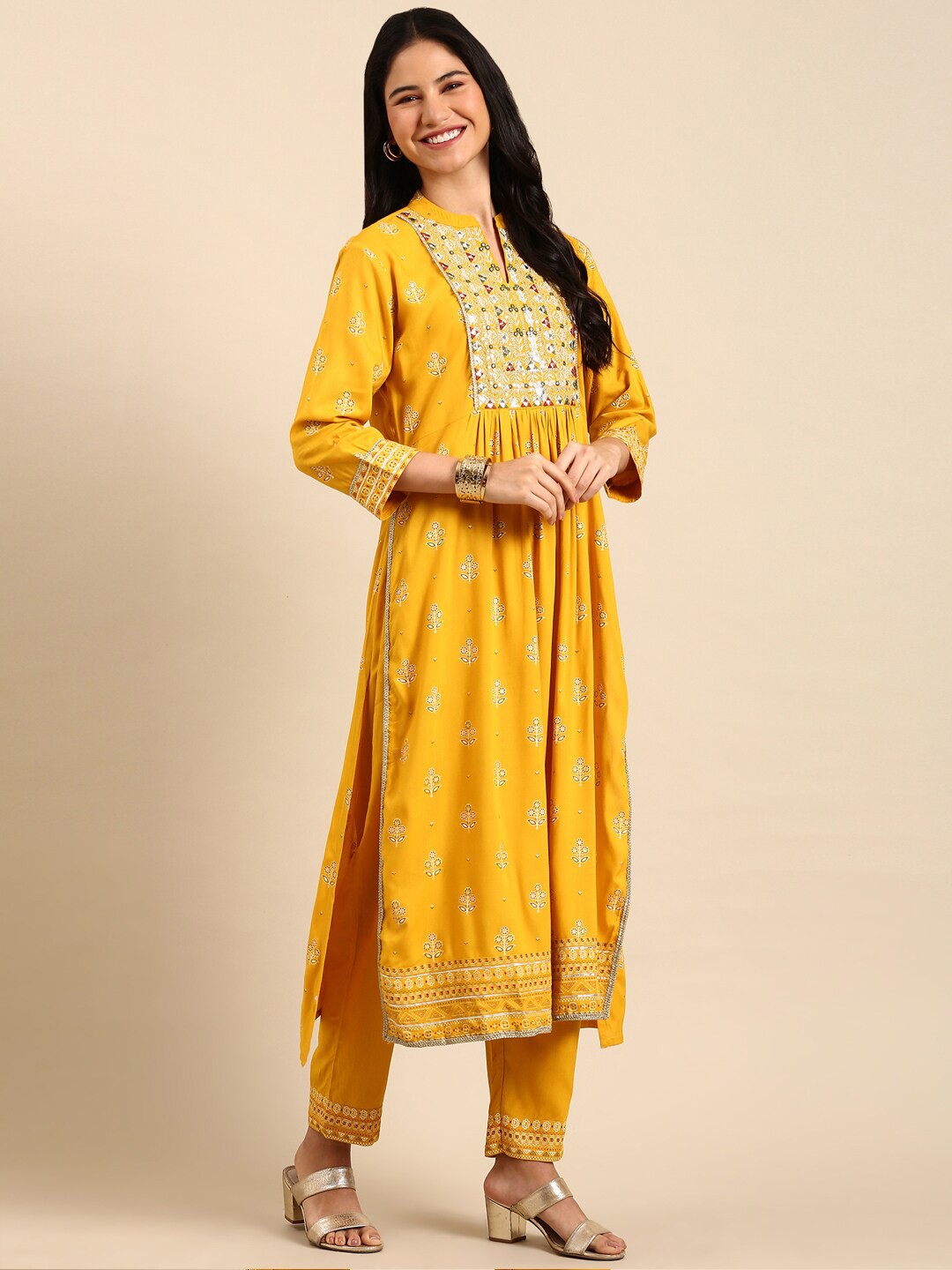 

SHOWOFF Ethnic Motifs Printed Mirror Work Block Print Kurta With Trousers & Dupatta, Yellow
