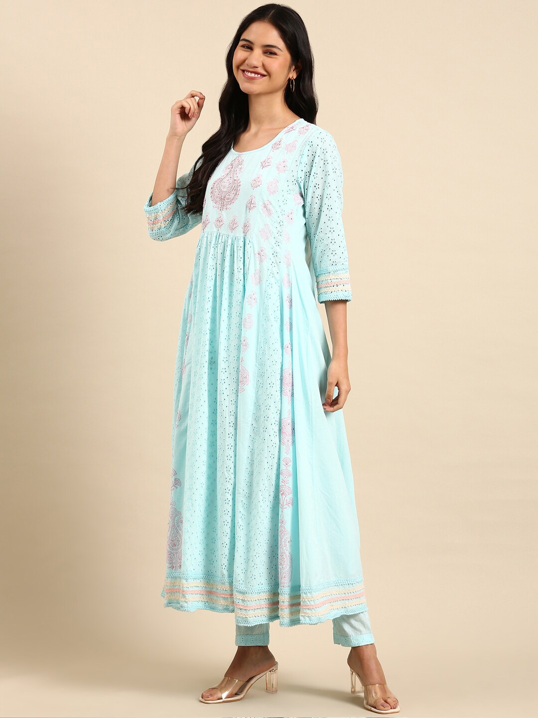 

SHOWOFF Ethnic Motifs Self Design Panelled Beads and Stones Kurta with Trousers & Dupatta, Blue