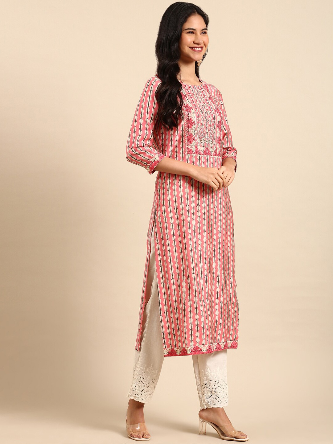 

SHOWOFF Abstract Printed Thread Work Chanderi Cotton Kurta with Trousers & Dupatta, Pink