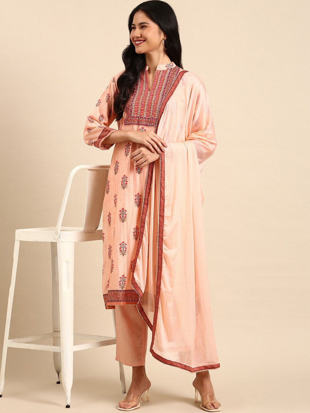 

SHOWOFF Floral Printed Mirror Work Kurta With Trousers & Dupatta, Peach