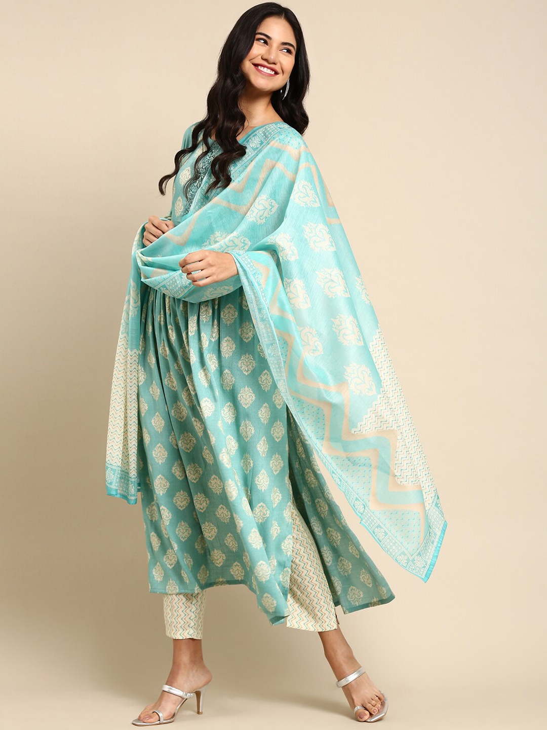 

SHOWOFF Ethnic Motifs Printed Thread Work Block Print A-Line Kurta With Trousers & Dupatta, Sea green