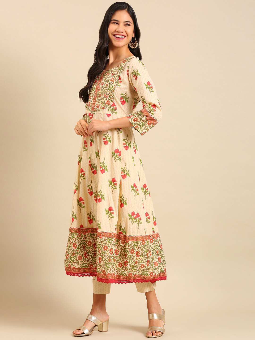 

SHOWOFF Floral Printed Sequined Anarkali Kurta with Trousers & Dupatta, Beige