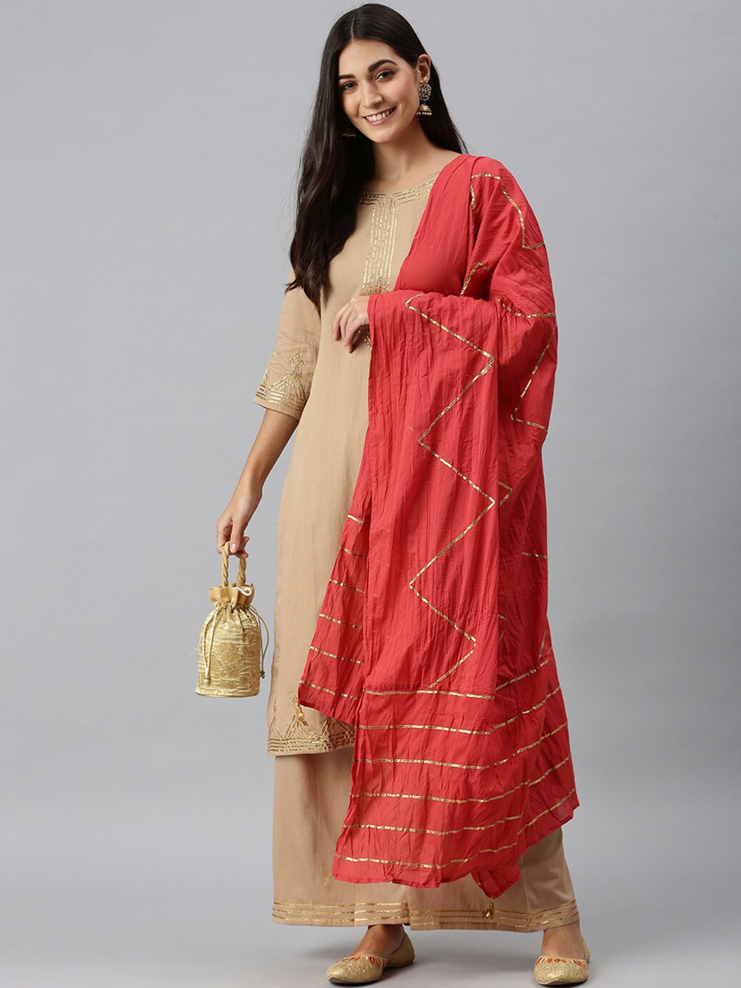 

SHOWOFF Calf Length Gotta Patti Kurta with Palazzos & Dupatta, Beige