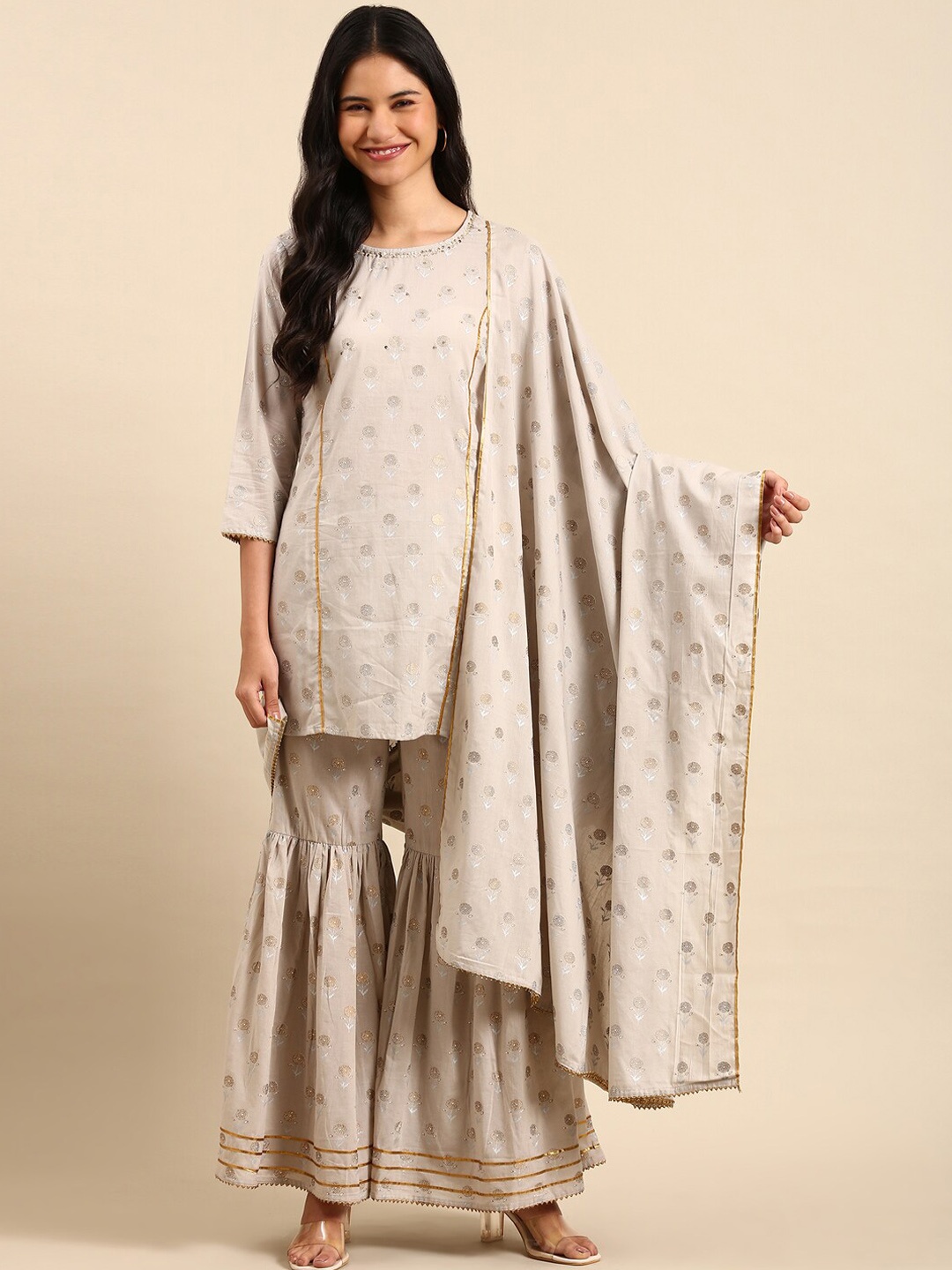 

SHOWOFF Ethnic Motifs Printed Sequinned Foil Kurti with Sharara & Dupatta, Grey