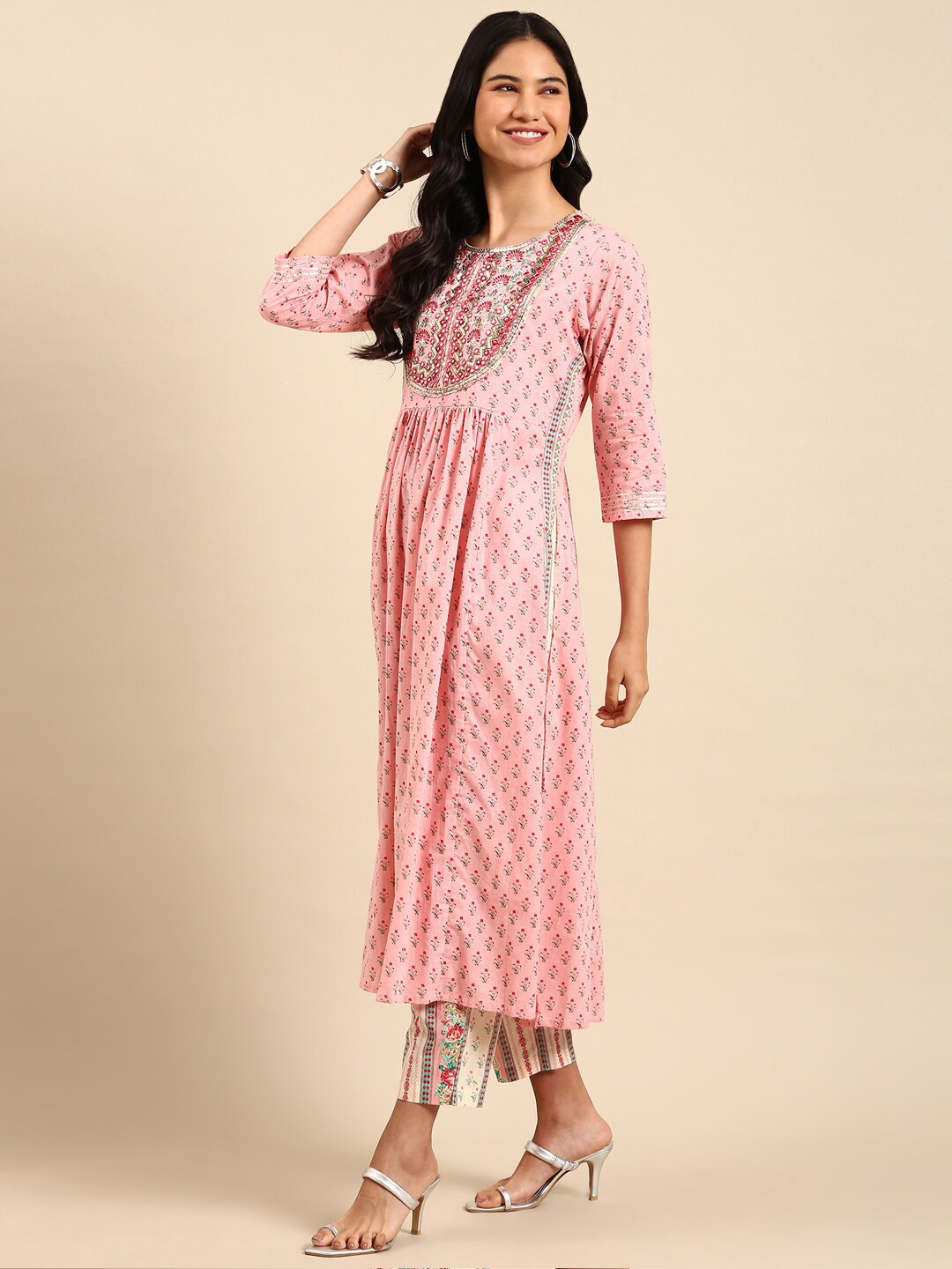 

SHOWOFF Floral Printed A-Line Mirror Work Kurta with Trousers & Dupatta, Pink
