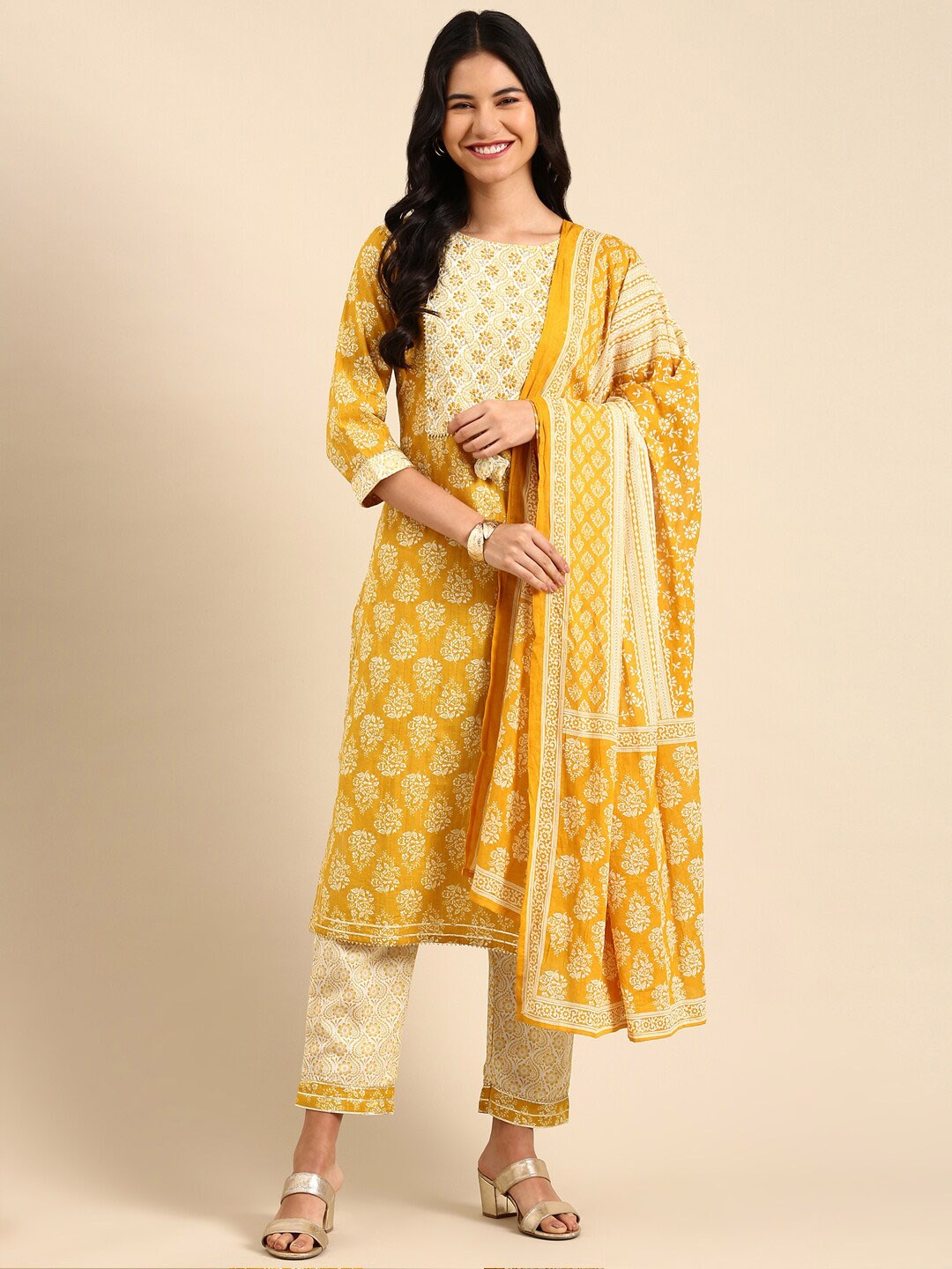 

SHOWOFF Ethnic Motifs Printed Block Print Thread Work Kurta with Trousers & Dupatta, Mustard