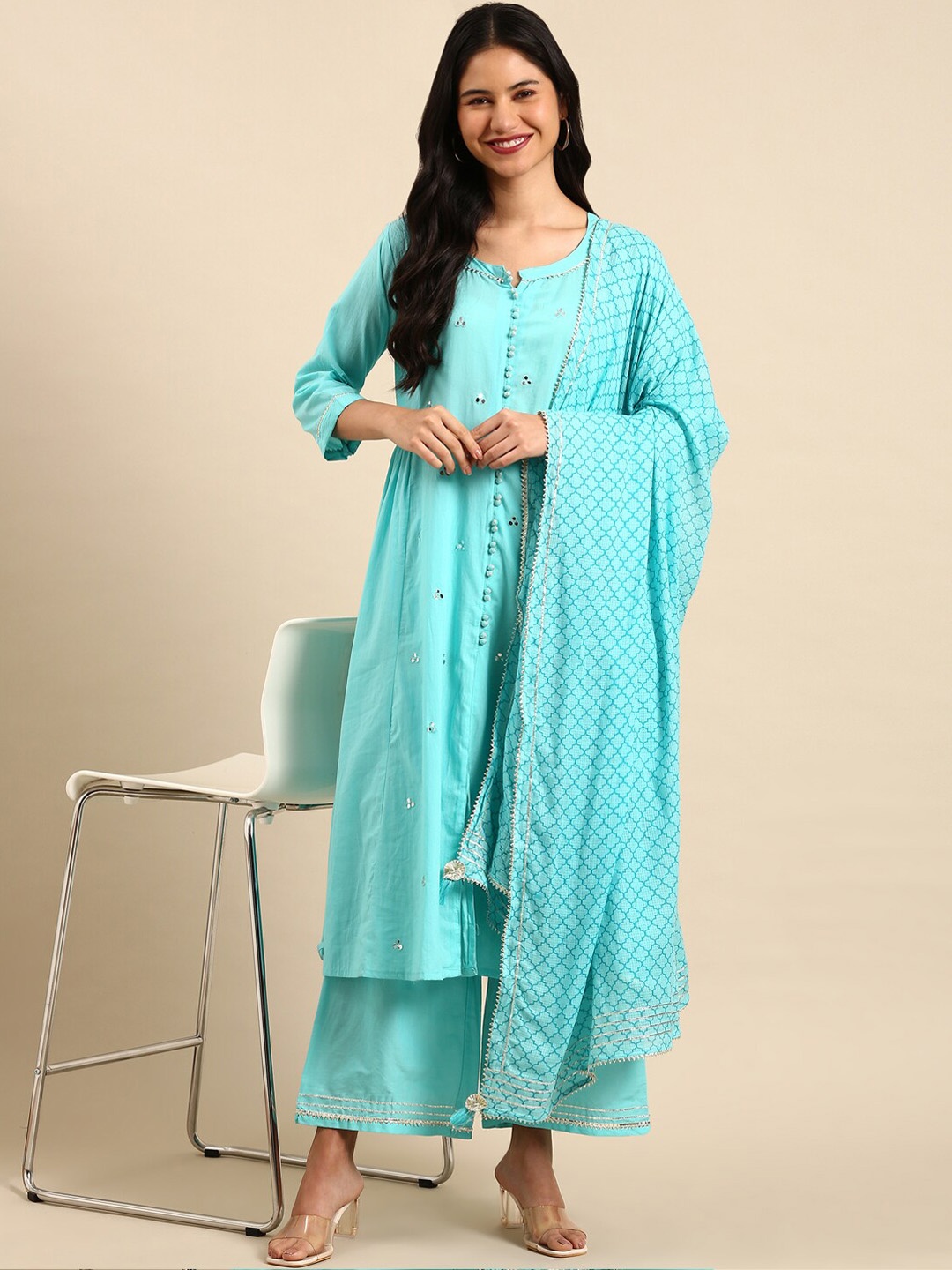 

SHOWOFF Pleated Mirror Work Anarkali Kurta With Palazzos & Dupatta, Turquoise blue