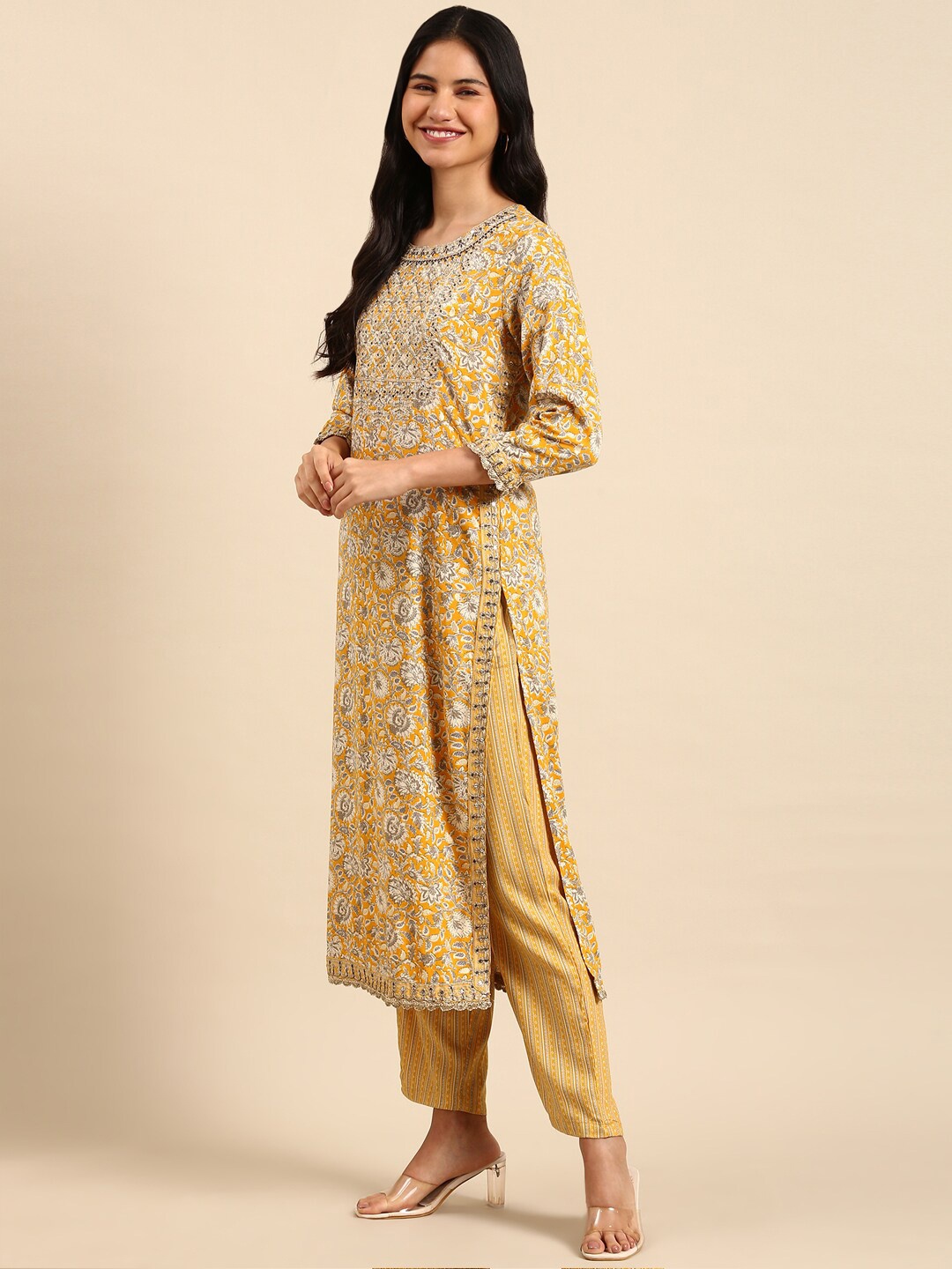 

SHOWOFF Ethnic Motifs Printed Thread Work Straight Kurta With Trousers & Dupatta, Yellow