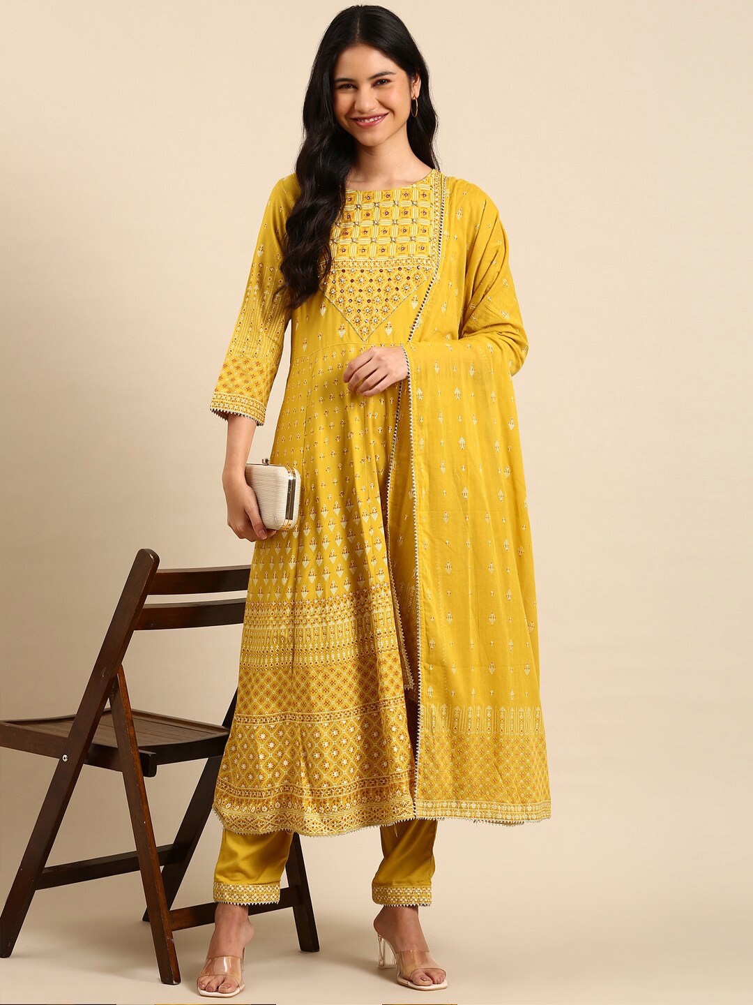 

SHOWOFF Ethnic Motifs Printed Mirror Work Anarkali Kurta with Trousers & Dupatta, Mustard