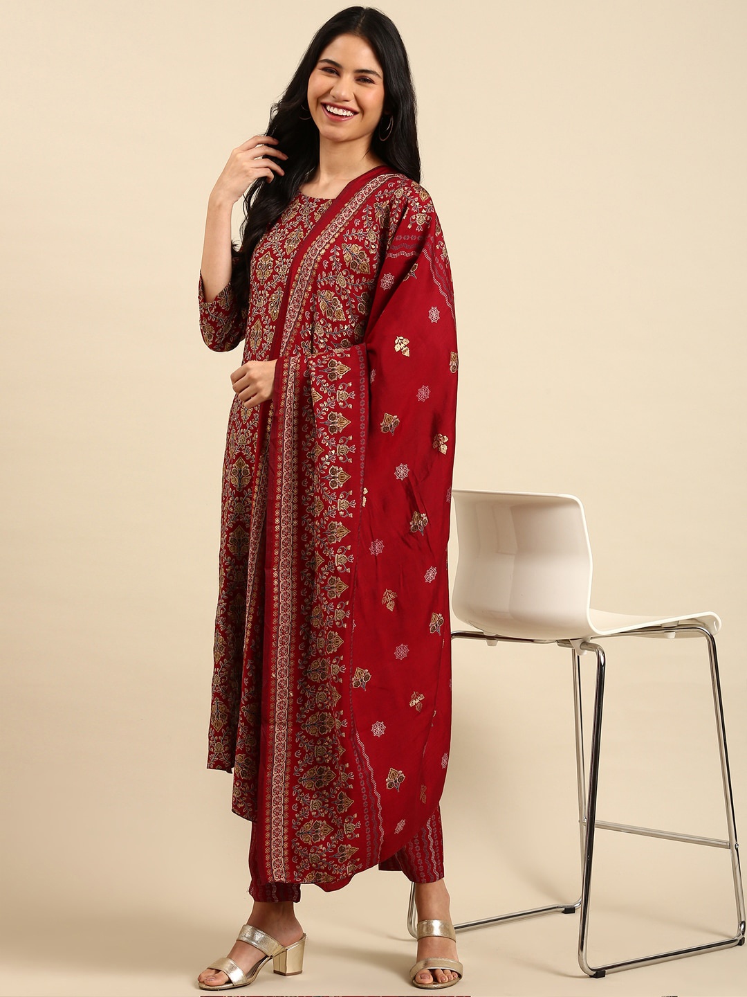 

SHOWOFF Ethnic Motifs Printed Mirror Work Foil Chanderi Silk Kurta with Trousers & Dupatta, Maroon