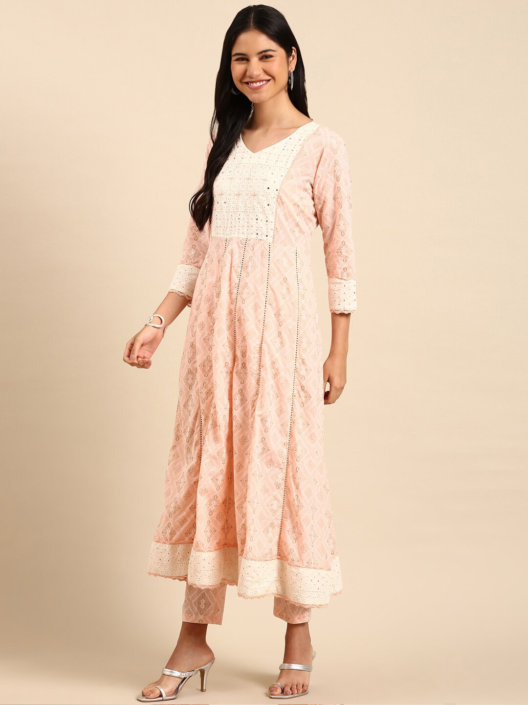 

SHOWOFF Bandhani Printed Panelled Mirror Work A-Line Kurta With Trousers & Dupatta, Peach