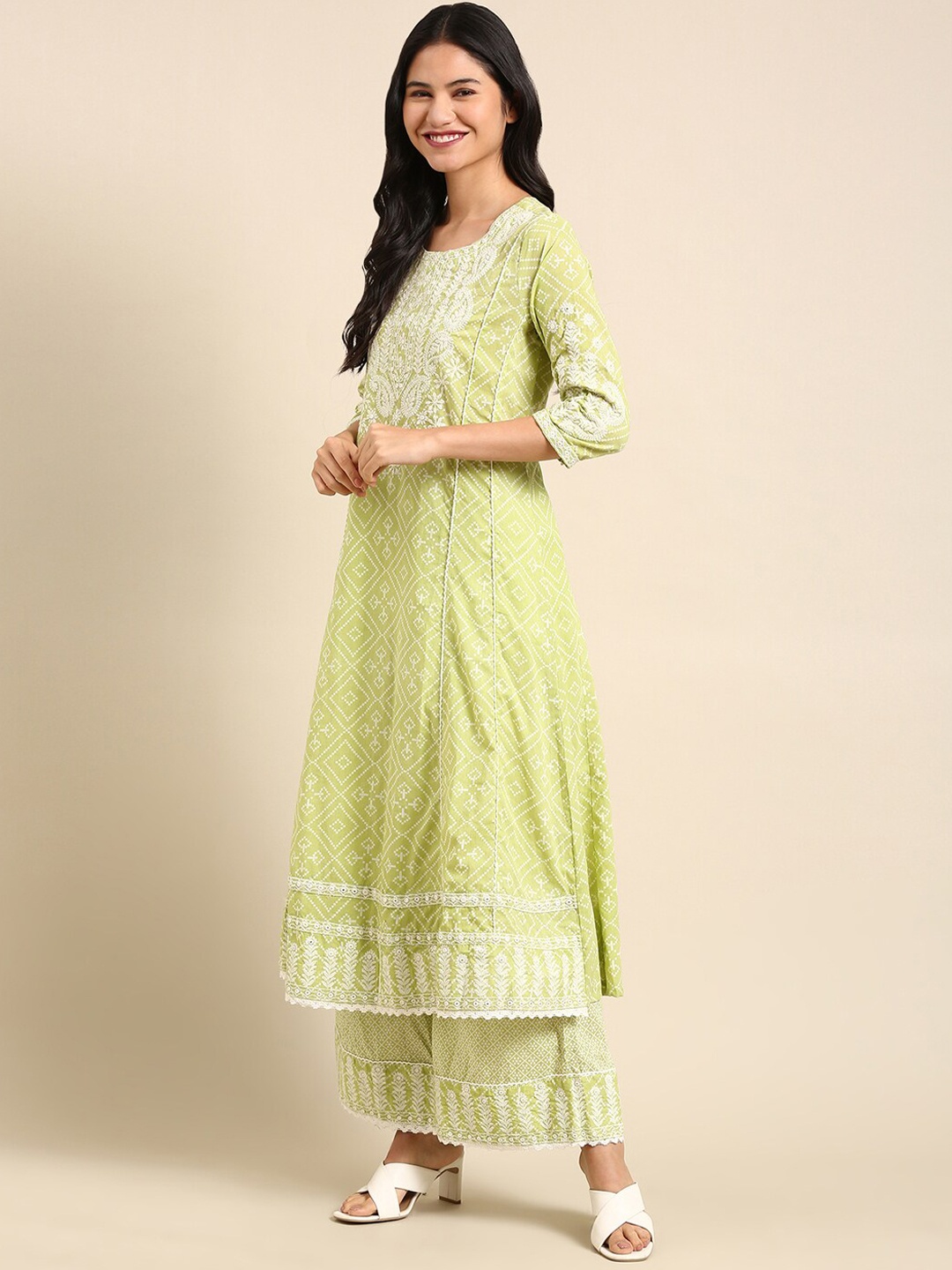 

SHOWOFF Bandhani Printed Panelled Thread Work A-line Kurta With Palazzos & Dupatta, Lime green