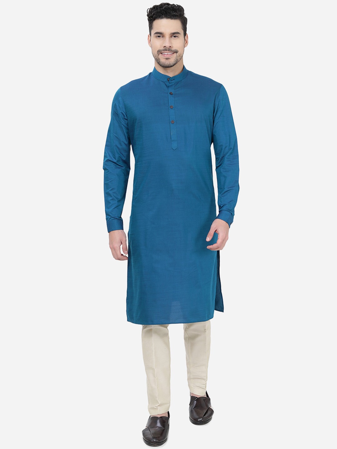 

Modi Kurta Men Woven Design Mandarin Collar Pure Cotton Kurta, Blue