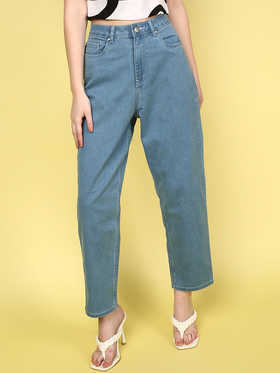 

JUNEBERRY Women Straight Fit Cotton High-Rise Cropped Jeans, Blue