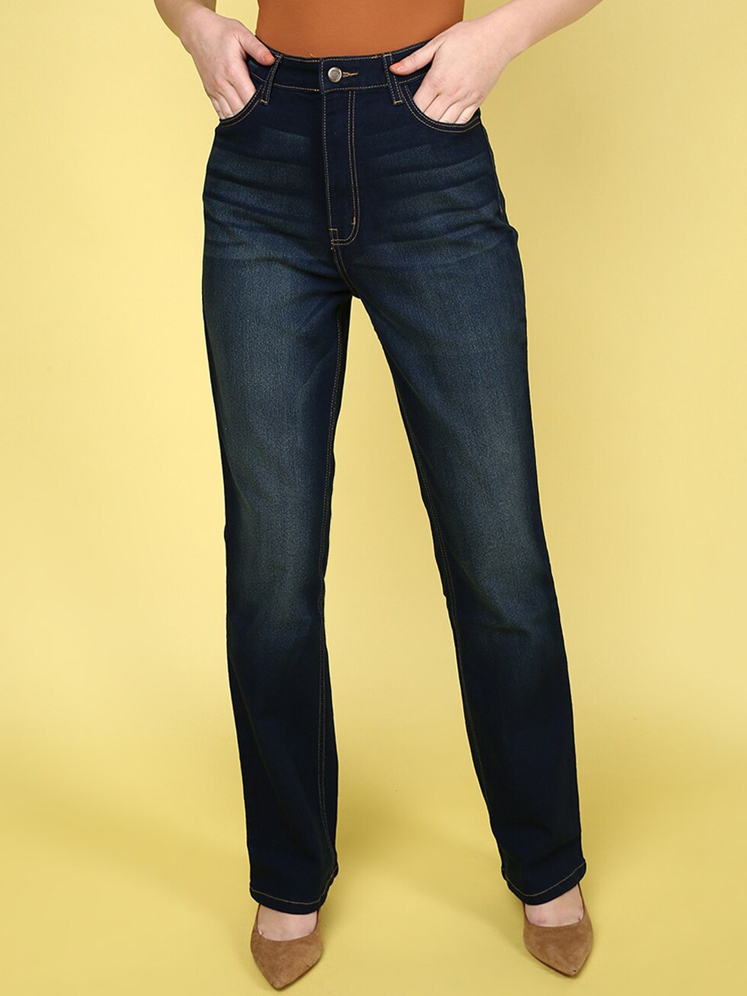 

JUNEBERRY Women Original Bootcut High-Rise Light Fade Stretchable Cotton Jeans, Navy blue