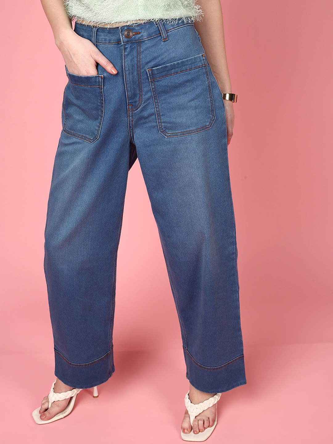 

JUNEBERRY Women Boyfriend Fit High-Rise Stretchable Cotton Jeans, Blue