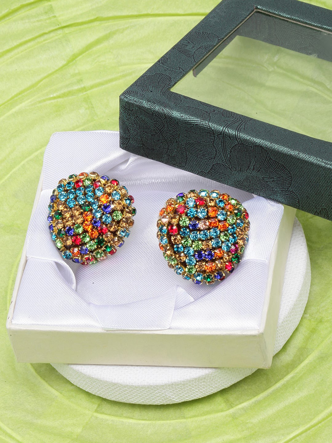 

DressBerry Gold-Plated Circular Rhinestone Studded Studs Earrings, Pink