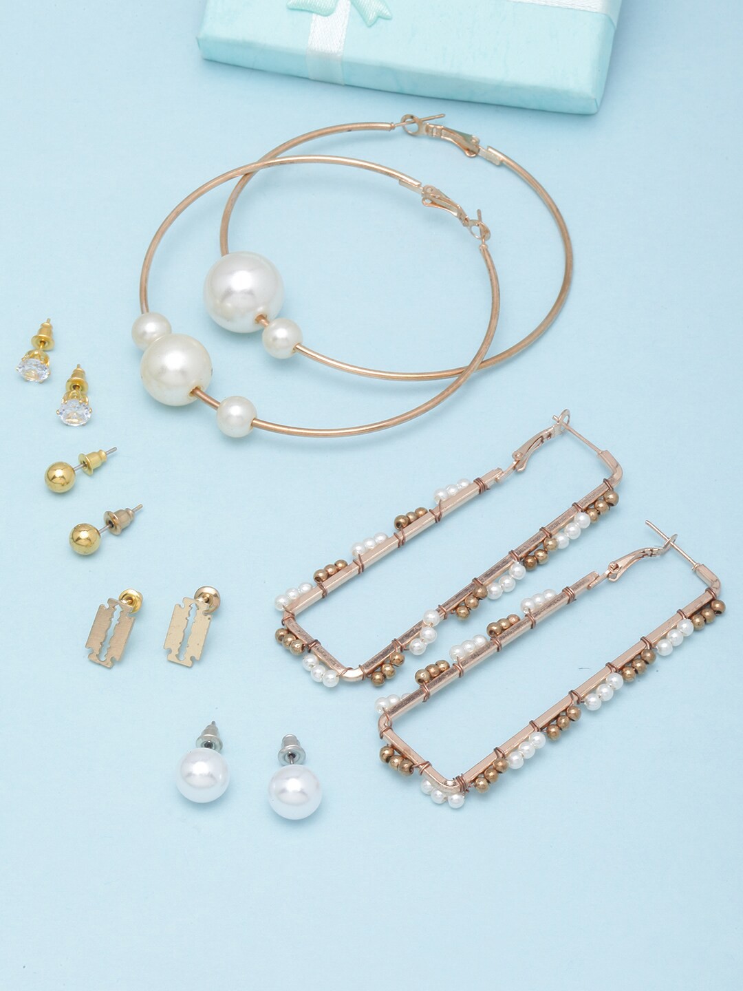 

DressBerry Set Of 6 Gold-Plated Contemporary Studs Earrings, White