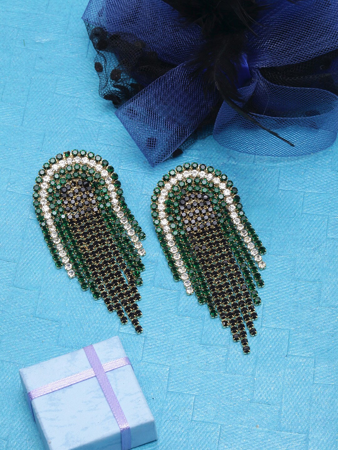 

DressBerry Gold-Plated Contemporary Rhinestone Studded Drop Earrings, Green
