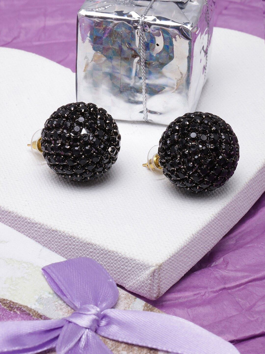 

DressBerry Gold-Plated Rhinestone Studded Circular Studs Earrings, Black