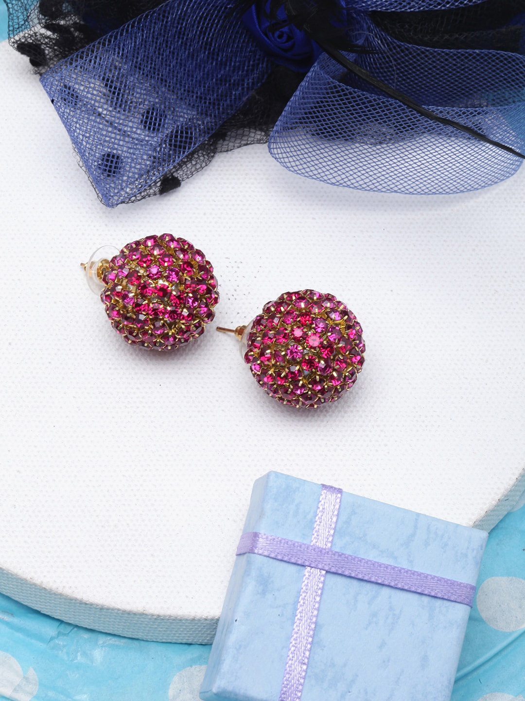 

DressBerry Gold-Plated Circular Rhinestone Studs Earrings, Pink