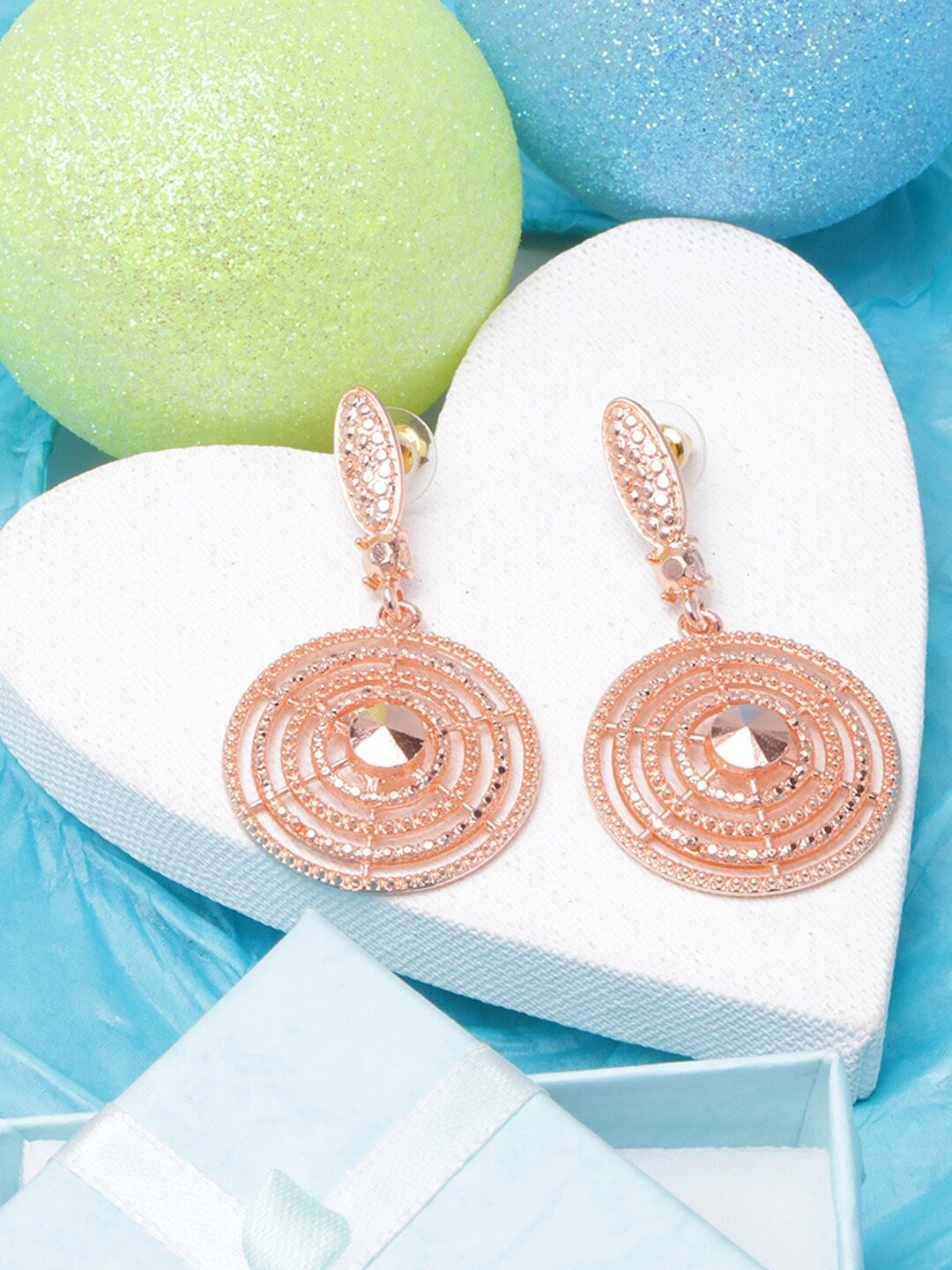 

DressBerry Rose Gold-Plated Stone-Studded Circular Drop Earrings, White